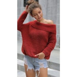 • deep red fuzzy knit off the shoulder sweater